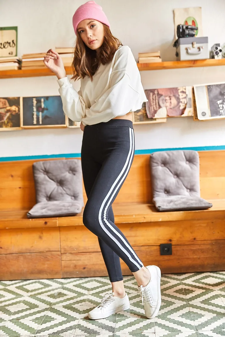 Women's Black and White Striped Fleece Leggings - 2