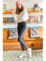 Women's Black and White Striped Fleece Leggings - 2