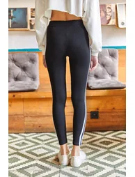 Women's Black and White Striped Fleece Leggings - 5