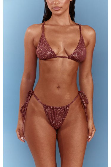 Red Metallic Palm Print Tie Side Bikini Bottoms