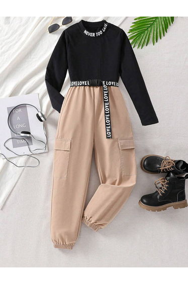 Girls Slogan Print Top with Pocket Detail Pants Set