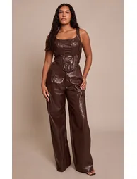 Shape Brown Faux Leather Croc Straight Leg Trousers
