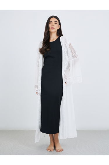 Hooded Mesh and Lace Detail Maxi Robe