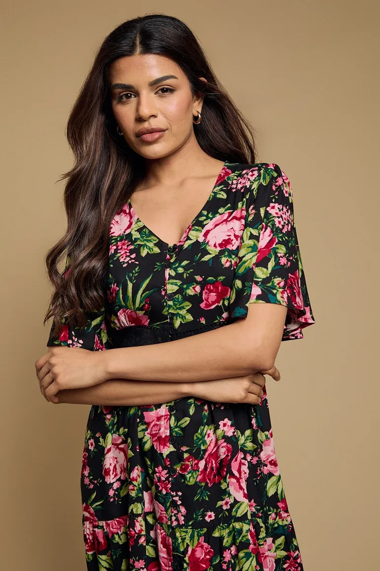Petite Black Floral Lace Trim Button Detail Angel Sleeve Printed Midi Dress - 3
