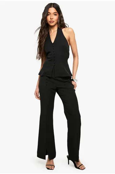 Button Detail Slim Flare Trouser - black