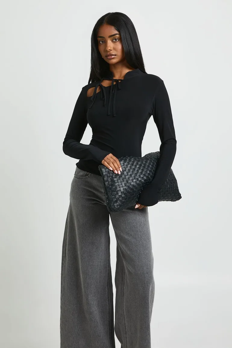 Tie Waist Cut Out Long Sleeve Top - black
