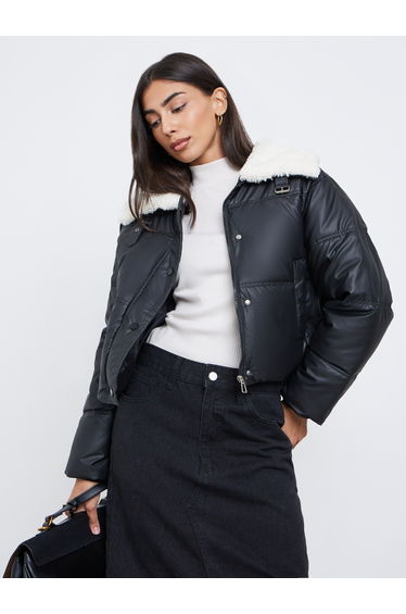 Black Crop Padded Jacket with Fur Trim