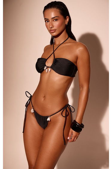 Black Pearl Charm Trim Tie Side Bikini Bottoms