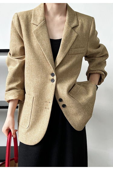 Patch Pocket Woven Texture Buttoned Blazer in Mustard