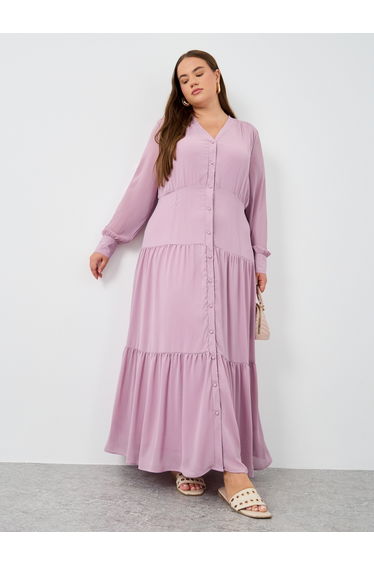Plus Size Solid Balloon Sleeves Shirt Maxi Dress