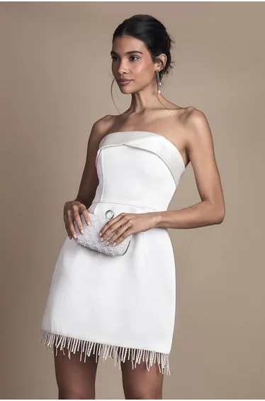 Strapless Satin Mini Wedding Dress with Hem Pearl Trim