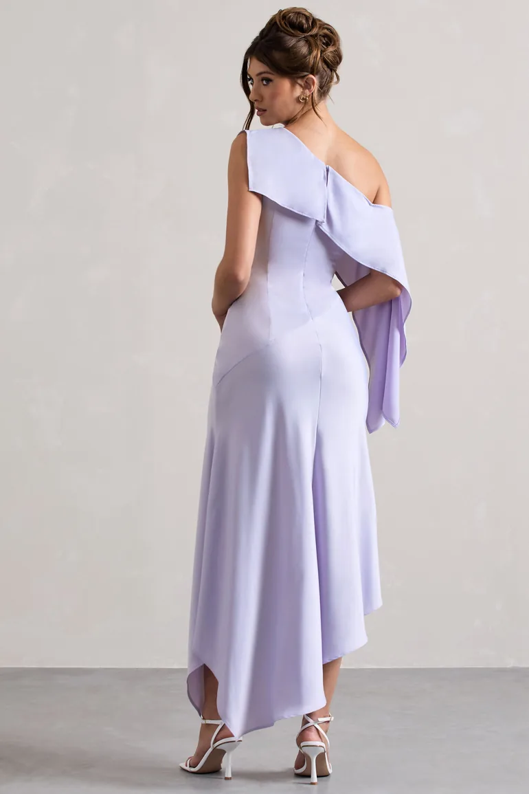 Shop Freesia | Lilac Satin Asymmetric Draped Split Maxi Dress Online in Oman