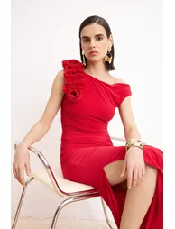 Red Plain Knitted Sandy Maxi Evening Dress & Graduation Dress - 1