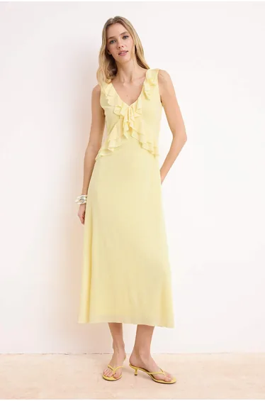 Yellow A-Line/A Bell Form V-Neck Sleeveless Flounced/Ruffled Midi Foam Knitted Dress