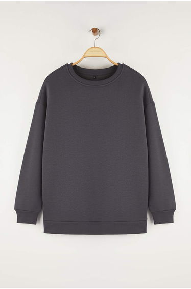 Anthracite Oversize/Loose Cut Basic Crew Neck Thick/Polarized Inside Knitted Sweatshirt