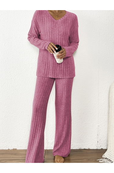 Pink Ribbed Knit V Neck T-Shirt and Pyjama Set