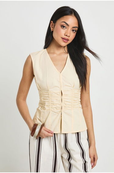 Cinch Poplin Sleeveless Top - lemon