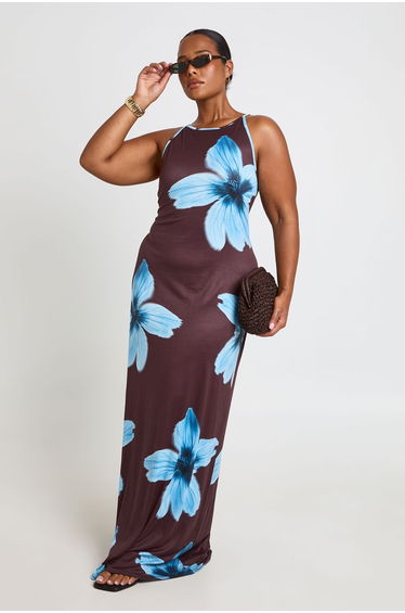Plus Large Floral Racer Neck Maxi Dress - chocolate