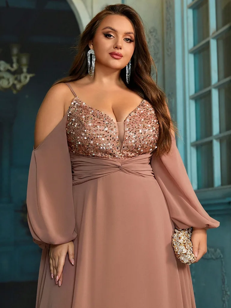 Elegant Gorgeous Plus Size Sequins Formal Dress Summer Evening Gown Strapless Long Sleeve Dress - 1