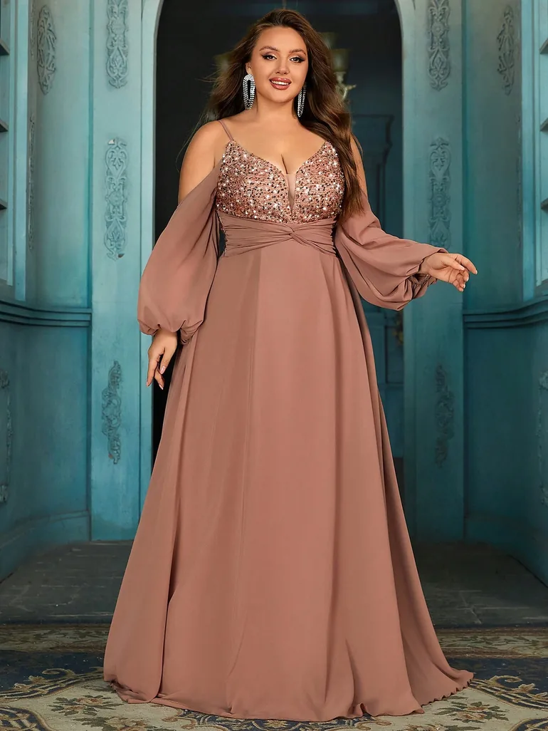 Elegant Gorgeous Plus Size Sequins Formal Dress Summer Evening Gown Strapless Long Sleeve Dress - 4