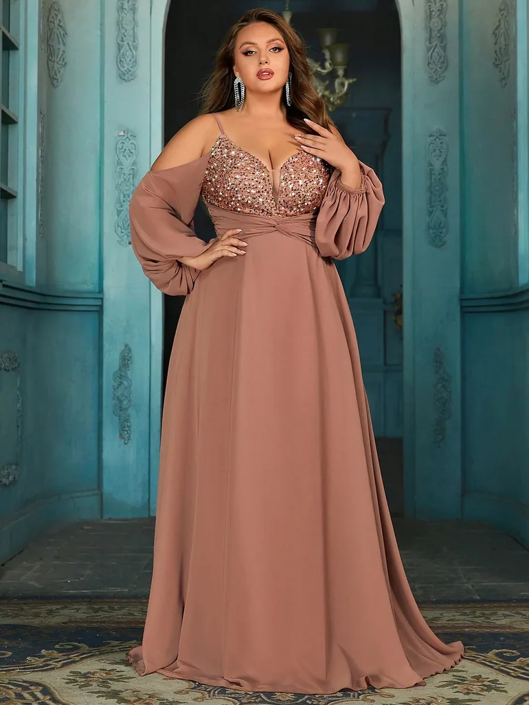 Elegant Gorgeous Plus Size Sequins Formal Dress Summer Evening Gown  Strapless Long Sleeve Dress QOQ Beige : Dresses : VogaCloset Oman