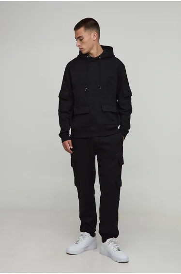 Regular Fit Man Cargo Hooded Panelled Tracksuit - black