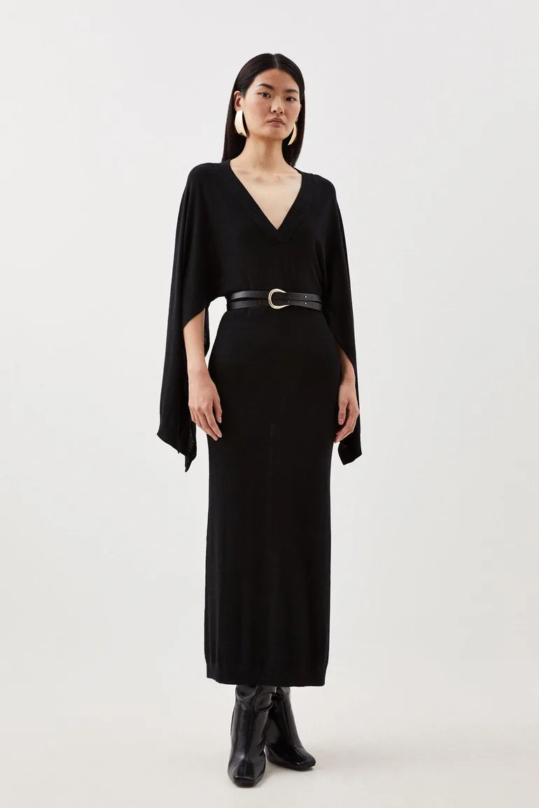 Shop Cashmere Blend V Neck Drama Sleeve Midaxi Knit Dress Online in Oman