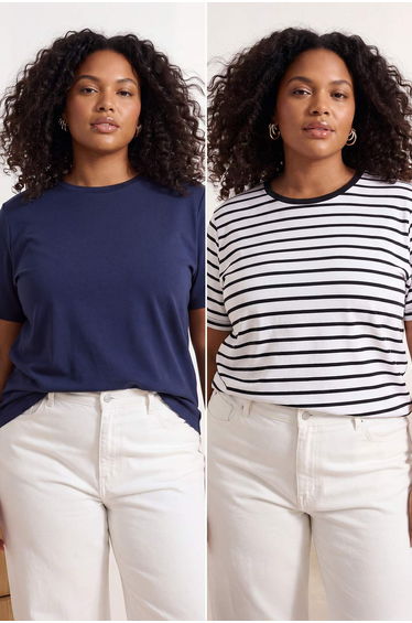 Navy Blue - Striped 2-Pack Regular Fit Basic Plus Size T-Shirt