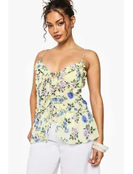 Woven Floral Print Ruffle Cami - lemon - 1