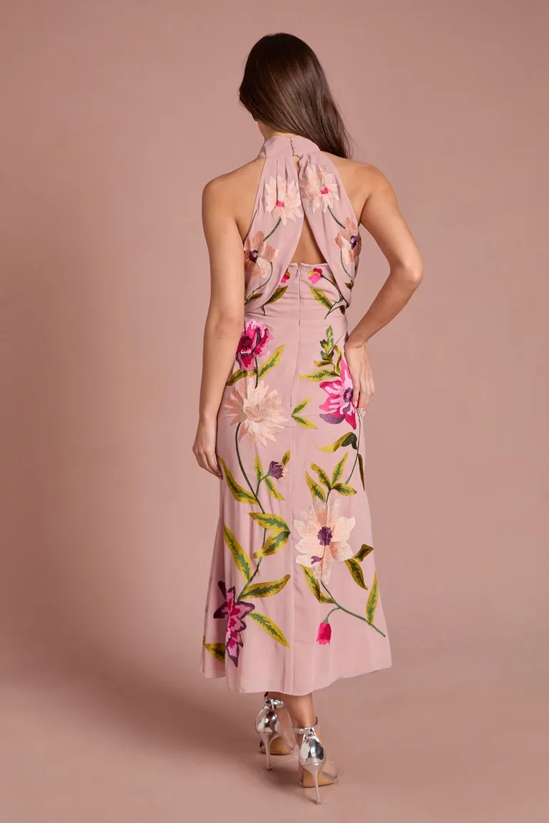 High Neck Midi Dress With Floral Embroidery - 2