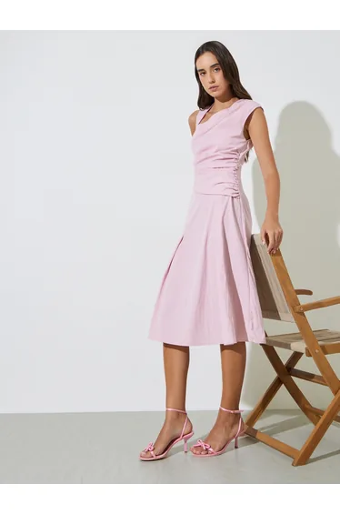 Pink Asymmetric Neck A-Line Midi Dress