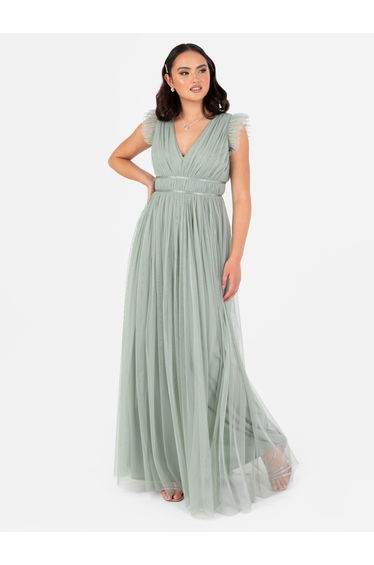 Anaya With Love Recycled Tulle Frosty Green V Neck Flutter Sleeve Maxi Dress