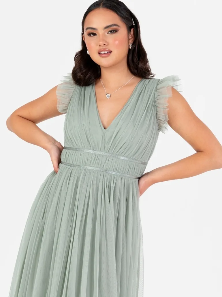 Anaya With Love Recycled Tulle Frosty Green V Neck Flutter Sleeve Maxi Dress - 2
