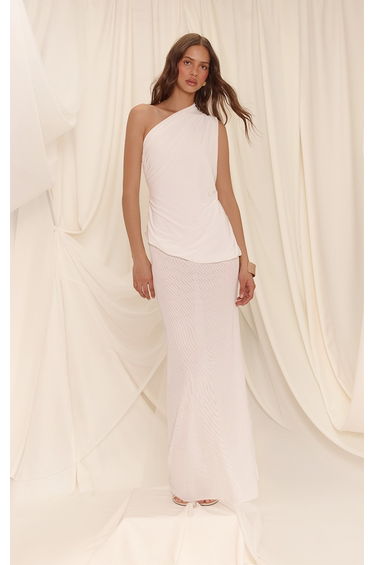 White Slinky Draped Mesh Skirt Maxi Dress