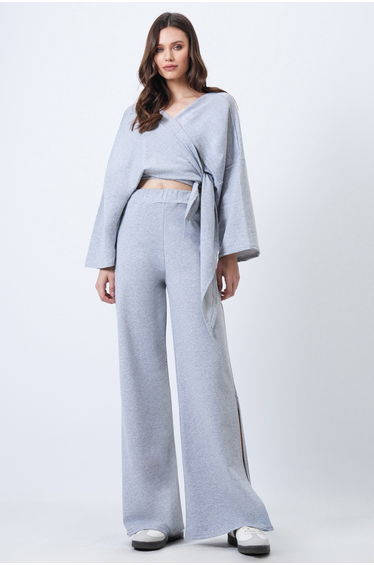 Women's Gray Double-Breasted Tie-Up Blouse Slit Pants Double Knitted Set