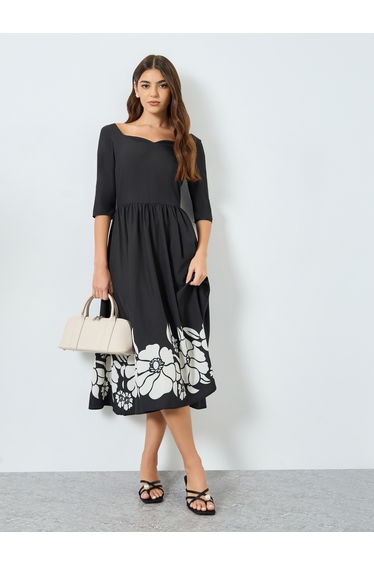 Women Black Floral Print A-Line Midi Dress