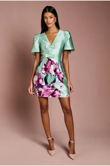 Petite Placement Print Bow Detail Mini Dress