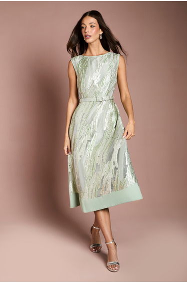 Belted Sleeveless Jacquard Midi Dress