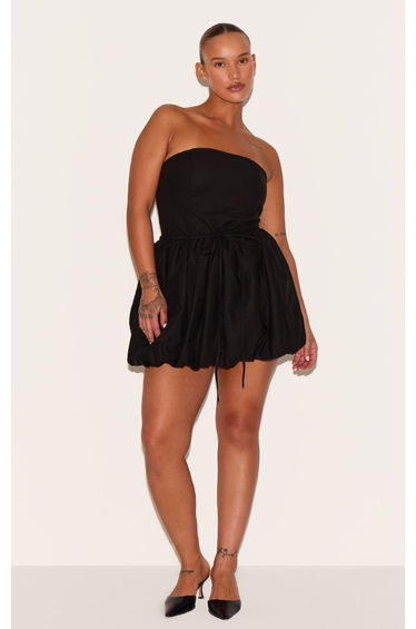 Plus Black Linen Bandeau Tie Waist Puffball Dress