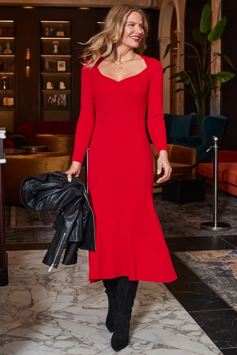 Red Sweetheart Neckline Fit & Flare Midi Dress - 2
