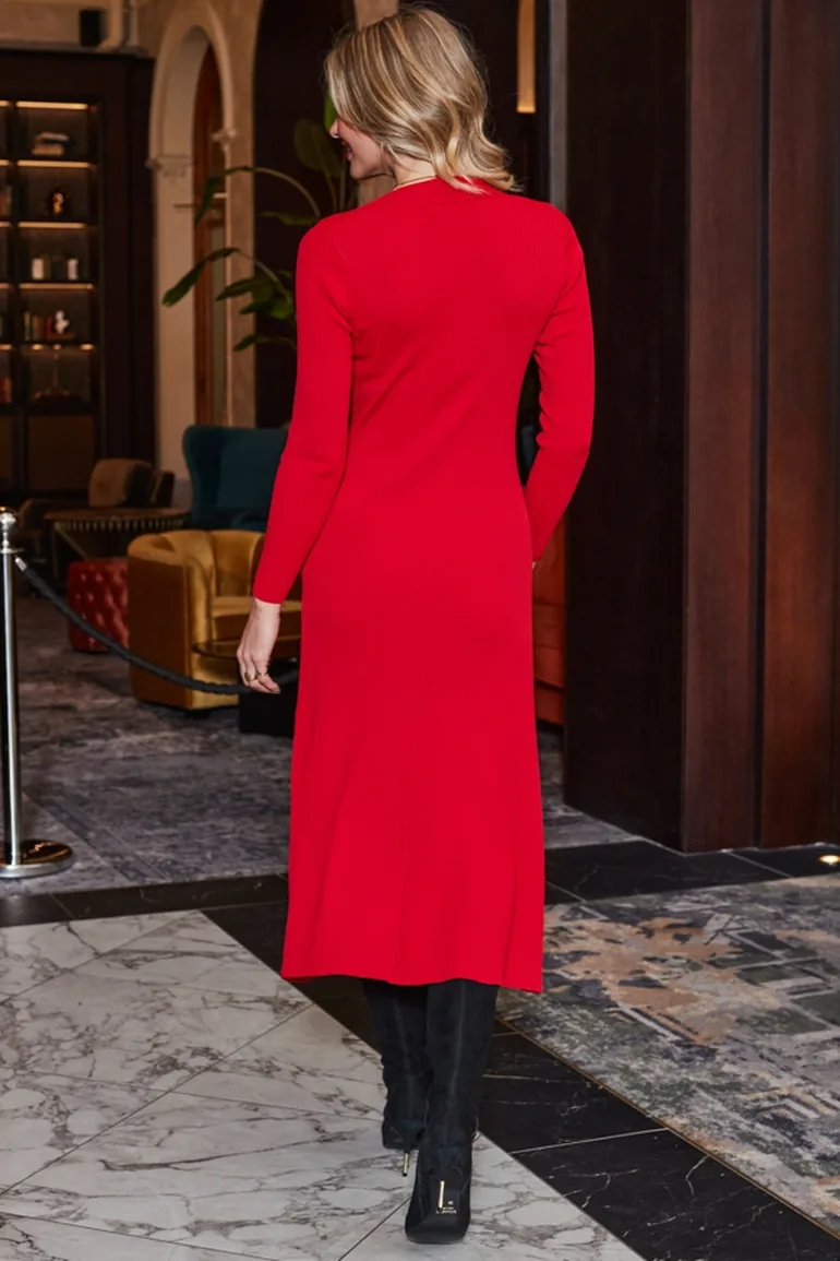 Red Sweetheart Neckline Fit & Flare Midi Dress - 3