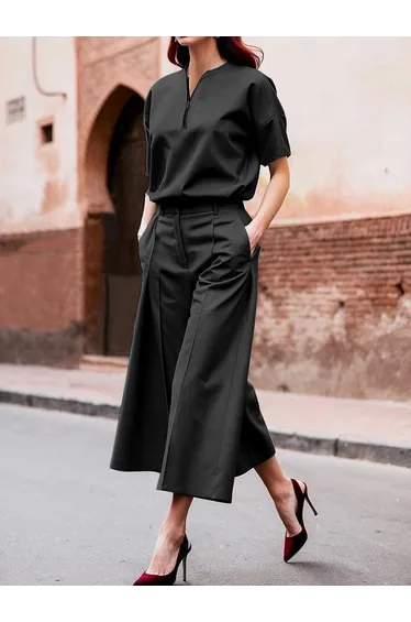 Loose Wide Leg Pockets Solid Color Ninth Pants Trousers