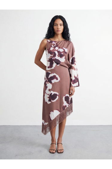 Petite Placement Print One Shoulder Satin Dress