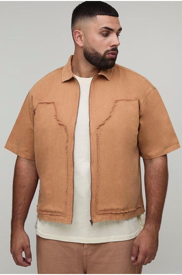 Plus Bleach Wash Carpenter Shirt - tan