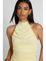 Slinky Mesh Ruched Halterneck Top - lemon - 2