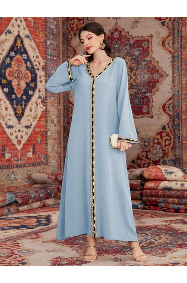 Women Faux Pearl Embellished V Neck Jalabiya