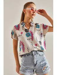 قميص نسائي كتان بأكمام بات بطبعة منقشة  - 1