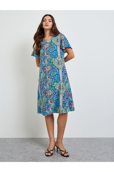 Paisley Print Short Sleeve Midi Dress