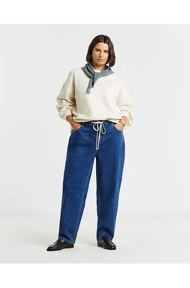 Mid Wash Tie Front Barrel Jeans