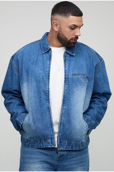 Plus Oversized Zip Up Denim Overshirt - mid wash